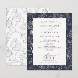 Rehearsal Dinner elegant Navy Blue Blommigt Bröllo Inbjudningar
