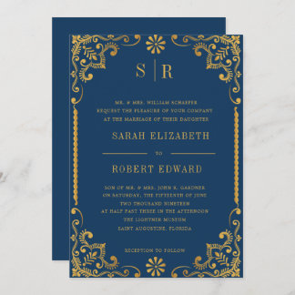 Rehearsal Dinner elegant Navy Blue Guld Ram Inbjudningar