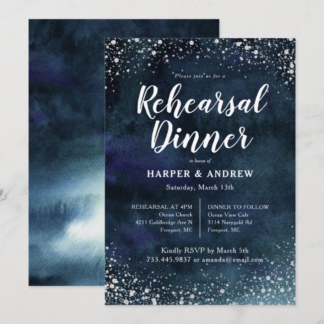 Rehearsal Dinner elegant Navy Blue Silver Glitter Inbjudningar (Fram/baksida)