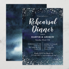 Rehearsal Dinner elegant Navy Blue Silver Glitter Inbjudningar