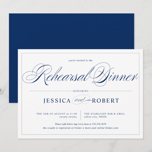 Rehearsal Dinner elegant Navy Blue Silver Linjer Inbjudningar (Fram/baksida)