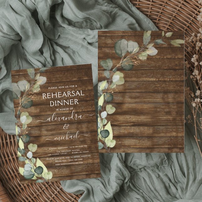 Rehearsal Dinner Eucalyptus Greenery Rustic Wood Inbjudningar (Skapare uppladdad)