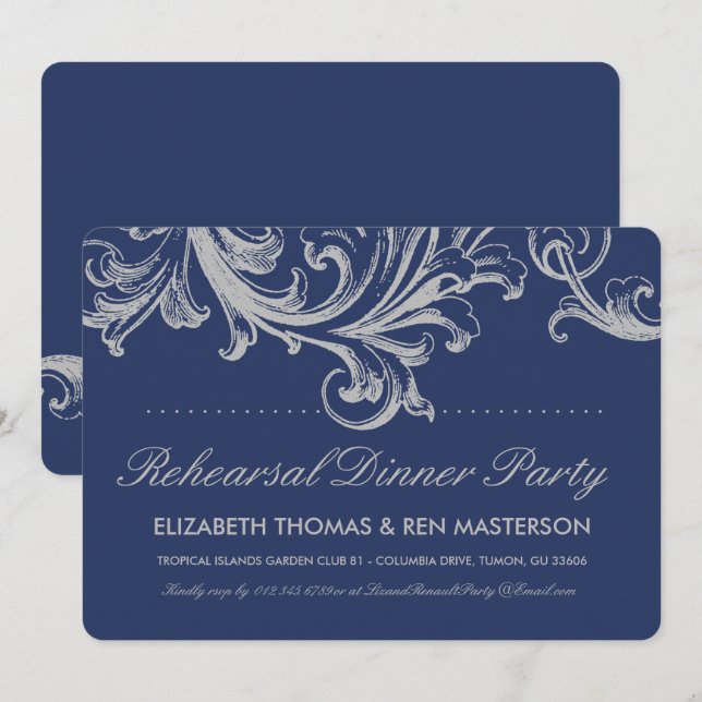 Rehearsal Dinner för antique Blue- och Grått-Blomm Inbjudningar (Fram/baksida)