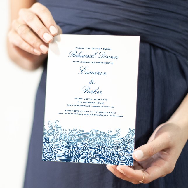 Rehearsal Dinner för Blå oceanen Vågar Avslappnad  Inbjudningar (Navy Blue Ocean Waves Casual Rehearsal Dinner invitation for a Coastal Chic Wedding Concertina Press)