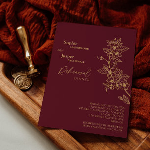 Rehearsal Dinner för Burgundy Guld Blommigt Bröllo Inbjudningar