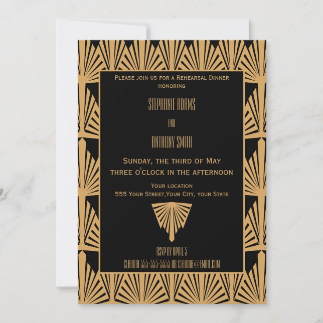 Rehearsal Dinner för Guld och Black Art Deco Mönst Inbjudningar (Framsida)