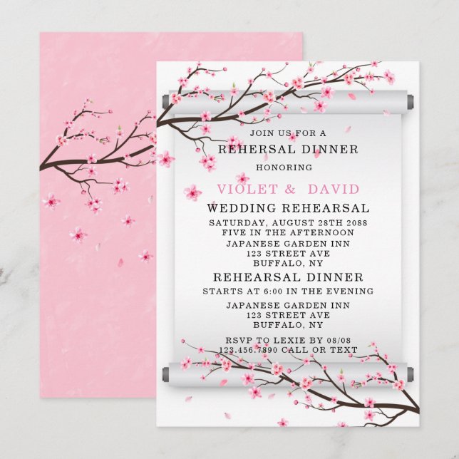 Rehearsal Dinner för japansk Rulla Cherry Blommar Inbjudningar (Fram/baksida)