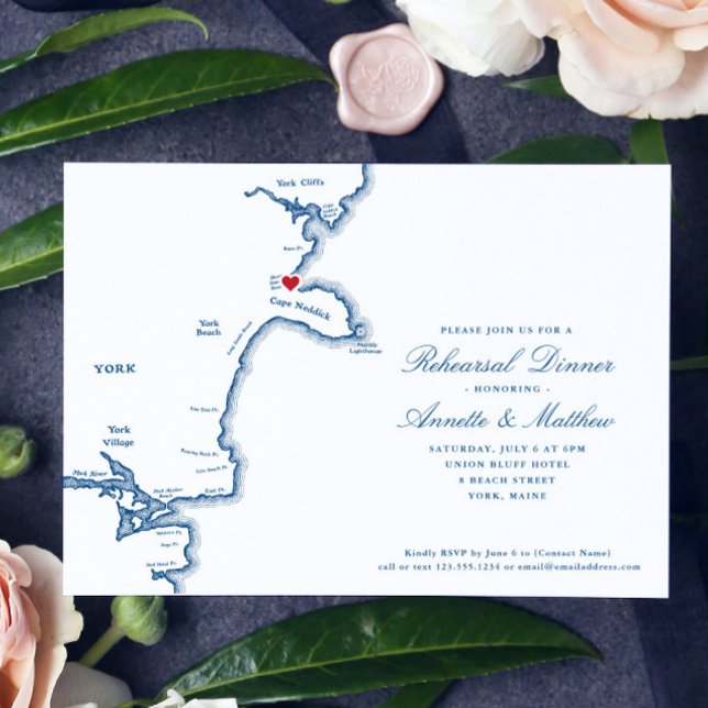 Rehearsal Dinner för marinens Elegant, Maine Karta Inbjudningar (These York Beach, Maine Rehearsal Dinner invitations feature an elegant navy blue map of Maine)