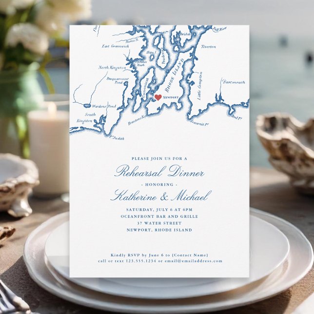 Rehearsal Dinner för nyportera RI-flottan Blue Brö Inbjudningar (Newport RI Wedding Rehearsal Dinner Invitation in elegant Navy Blue by Coastal Map Deisgns)