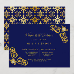 Rehearsal Dinner för royal Blue och Guld Bröllop Inbjudningar