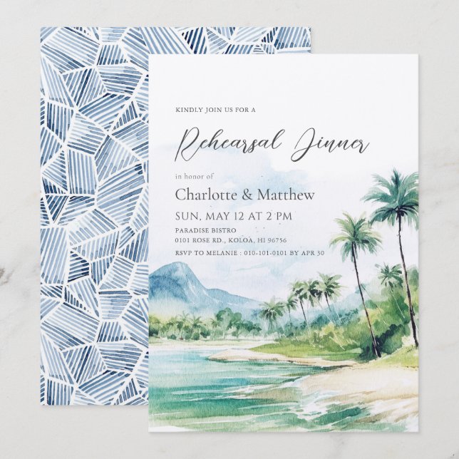 Rehearsal Dinner för Tropical Beach Handflatan Trä Inbjudningar (Fram/baksida)