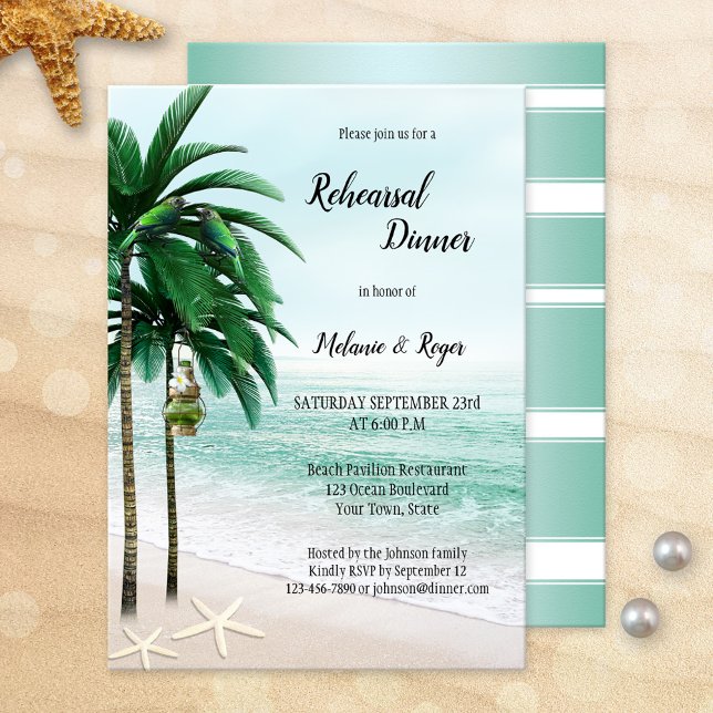 Rehearsal Dinner för Tropical Beach Handflatan Trä Inbjudningar (Beach or destination wedding tropical rehearsal dinner invitation featuring palm trees and starfish)