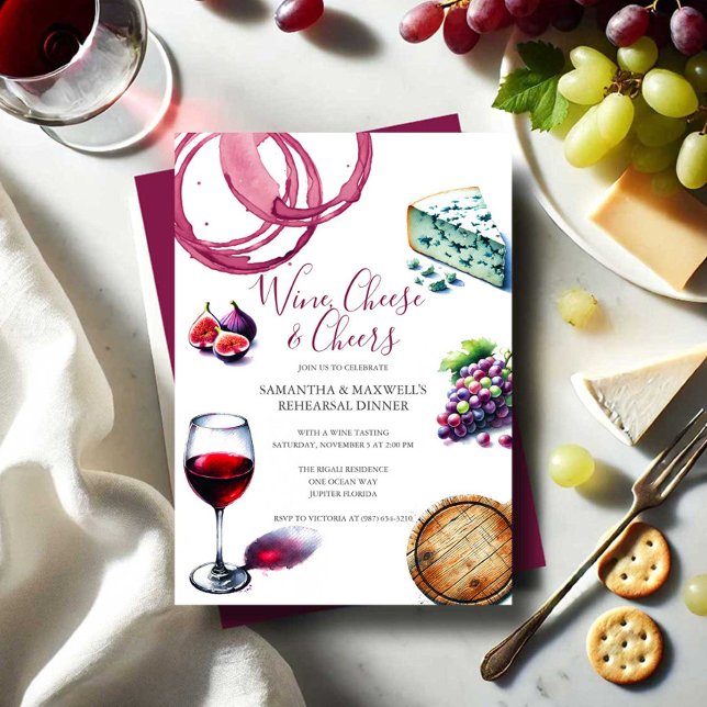 Rehearsal Dinner för vin och ost Inbjudningar (Rehearsal dinner invitations with watercolor wine and cheese charcuterie theme.)