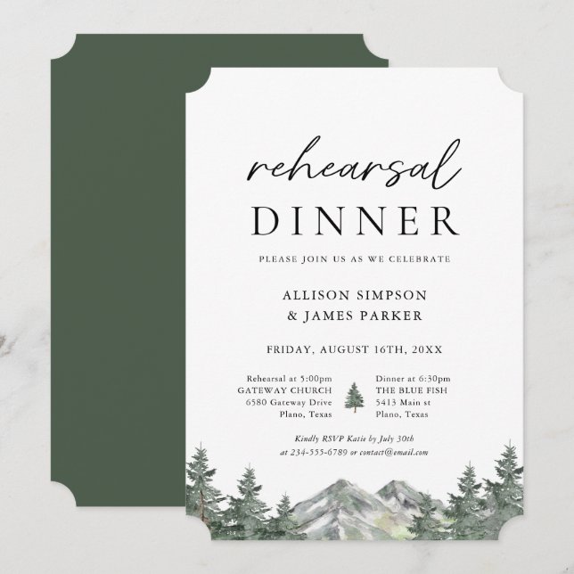 Rehearsal Dinner gräs Träd Forest Mountain Inbjudningar (Fram/baksida)