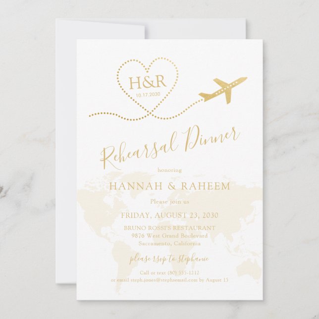 Rehearsal Dinner guld Airplan Heart Karta Rehearsa Inbjudningar (Framsida)