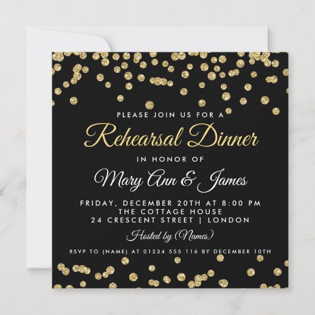 Rehearsal Dinner Guld Faux Glitter Confetti Black Inbjudningar (Framsida)
