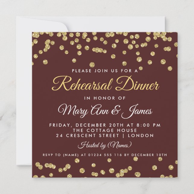 Rehearsal Dinner Guld Glitter Confetti Marsala Inbjudningar (Framsida)