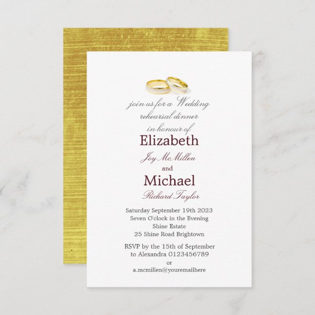 Rehearsal Dinner guld Ringar Elegant bröllop Inbjudningar (Fram/baksida)