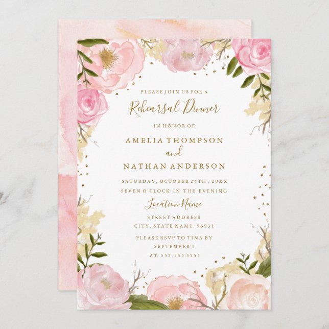 Rehearsal Dinner guld  Ro Blommigt Bröllop Inbjudningar (Fram/baksida)