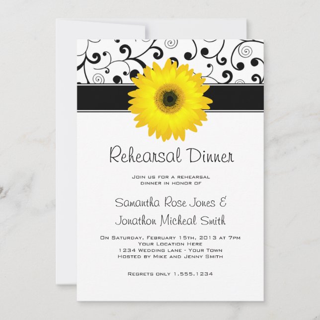 Rehearsal Dinner Gult Gerbera Daisy Black Rulla Inbjudningar (Framsida)