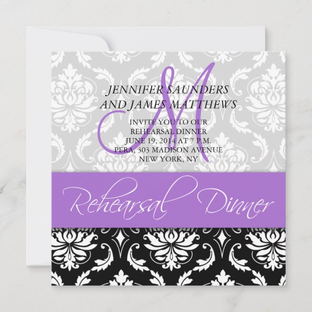 Rehearsal Dinner Inbjudan Damask Monogram Lavender (Framsida)