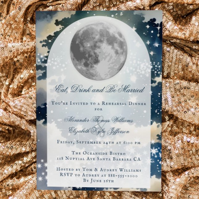 Rehearsal Dinner Lunar Night Himmel Bröllop Inbjudningar (Lunar Night Sky Wedding Rehearsal Dinner Invitation)