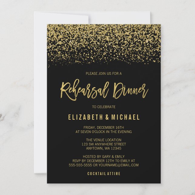 Rehearsal Dinner Modern Black Guld Faux Glitter Inbjudningar (Framsida)