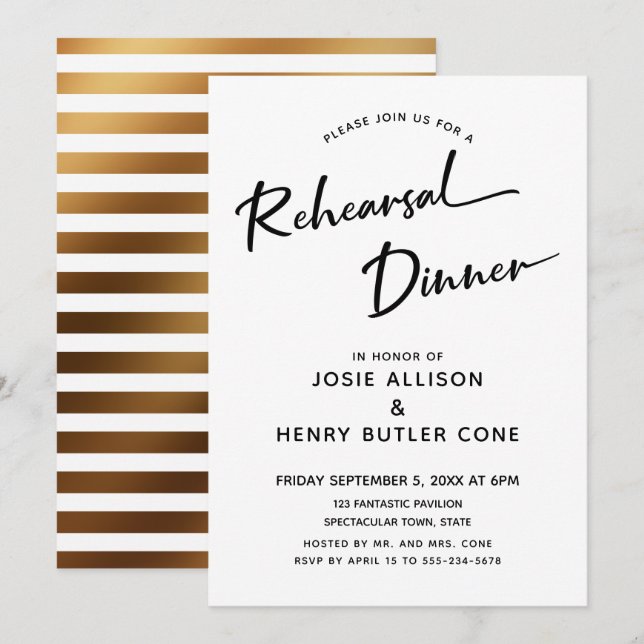 Rehearsal Dinner Modern Calligraphy, Guld Rand Inbjudningar (Fram/baksida)