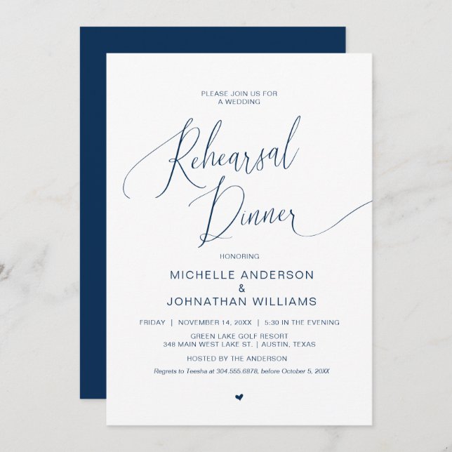 Rehearsal Dinner, Modern Navy Blue Inbjudan till b (Fram/baksida)