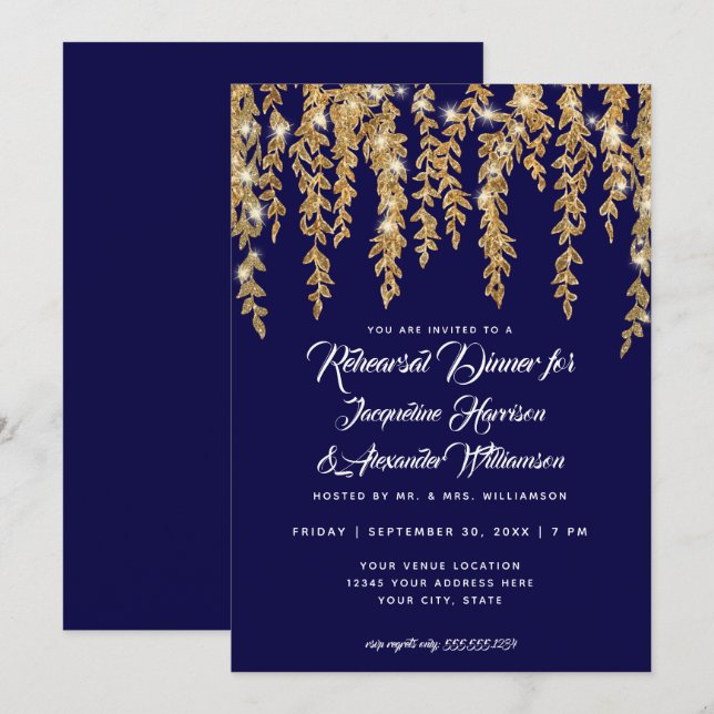 Rehearsal Dinner Modern Twinkle Ljus Guld Inbjudningar (Fram/baksida)