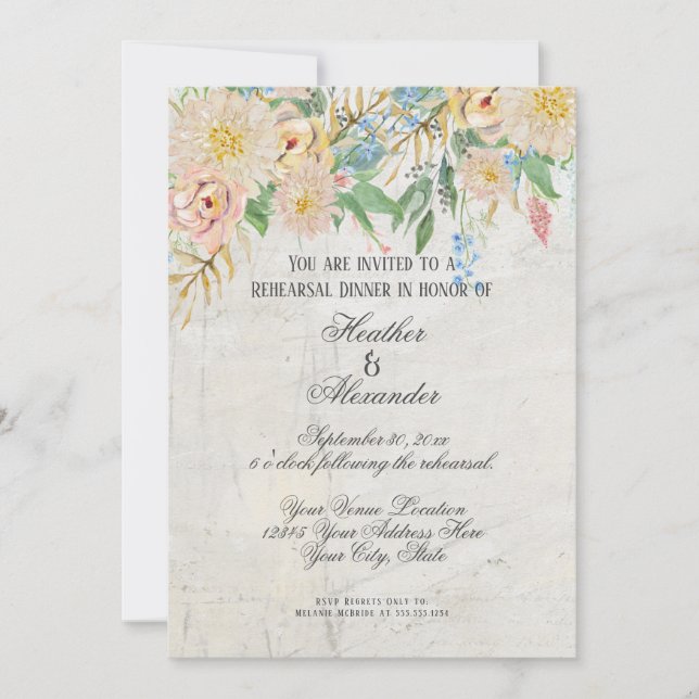 Rehearsal Dinner Modern Watercolor Blommigt Marble Inbjudningar (Framsida)