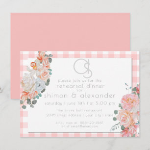 Rehearsal Dinner Monogram Coral Gingham Blommigt Inbjudningar
