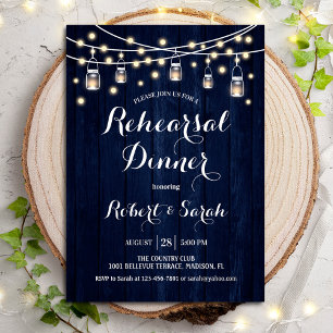 Rehearsal Dinner - Navy Blue Rustic Wood Inbjudningar