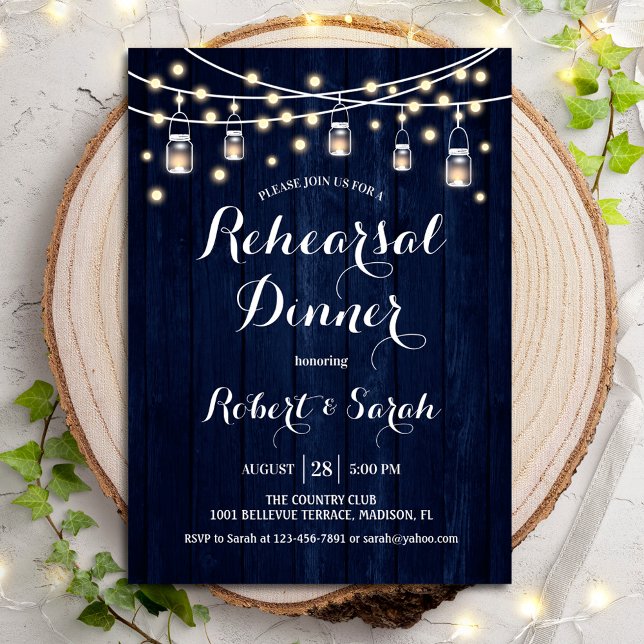 Rehearsal Dinner - Navy Blue Rustic Wood Inbjudningar (Skapare uppladdad)
