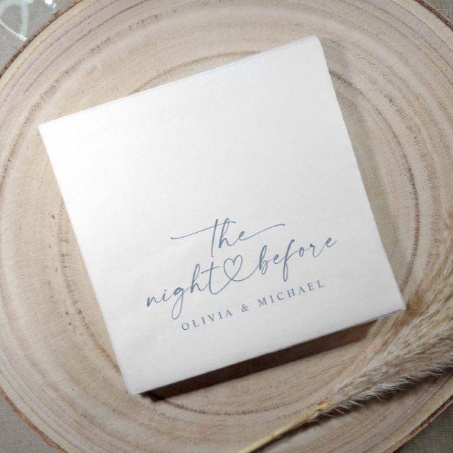Rehearsal Dinner Night Before Dusty Blue Wedding Pappersservett (Dusty blue rehearsal dinner napkins with the night before heart accent, and simple modern style.)