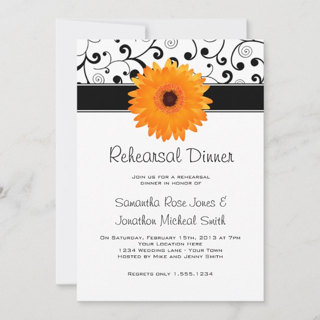 Rehearsal Dinner Orange Gerbera Daisy Black Rulla Inbjudningar (Framsida)
