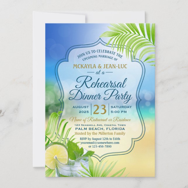 Rehearsal Dinner Party Beach Wedding Mojito Handfl Inbjudningar (Framsida)