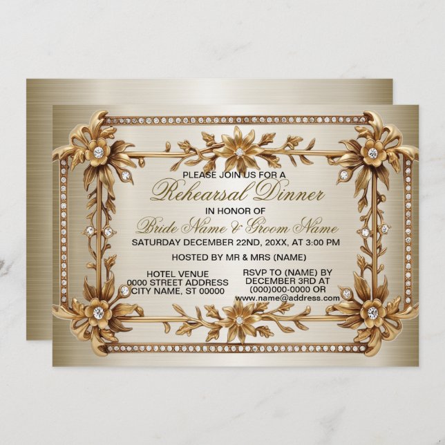 Rehearsal Dinner Party Golden Ornate Dimond Inbjudningar (Fram/baksida)
