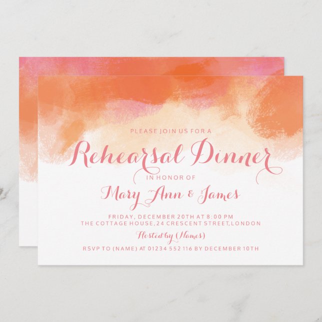 Rehearsal Dinner  Rosa Coral Watercolor Inbjudningar (Fram/baksida)