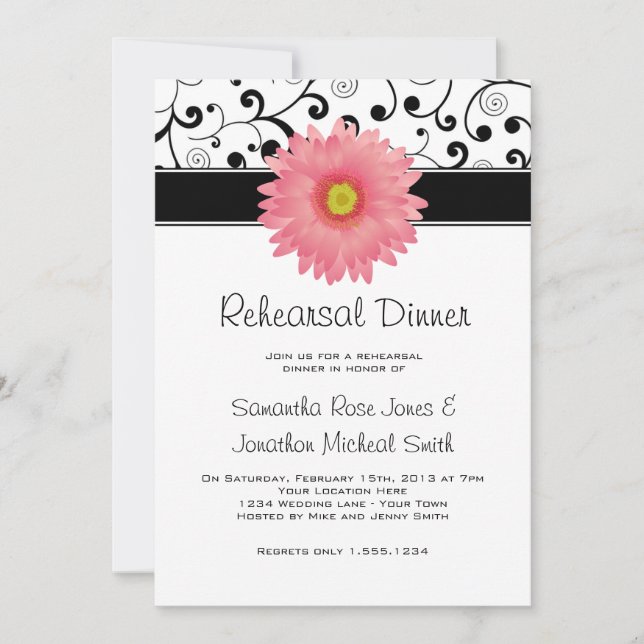Rehearsal Dinner Rosa Gerbera Daisy Black Rulla Inbjudningar (Framsida)