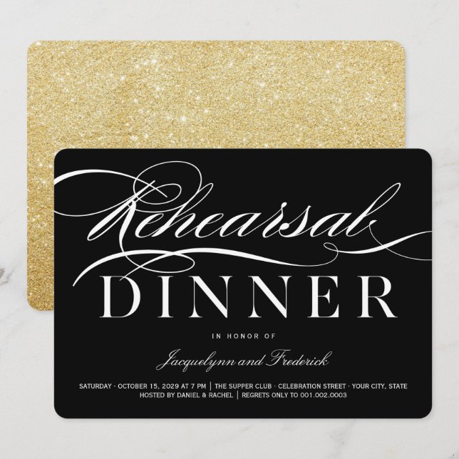 Rehearsal Dinner Script Guld Glitter Party Inbjuda Inbjudningar (Fram/baksida)