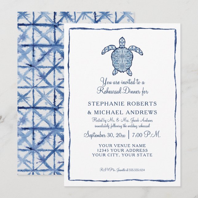 Rehearsal Dinner Shibori Indigo Seaturtle Beach Inbjudningar (Fram/baksida)