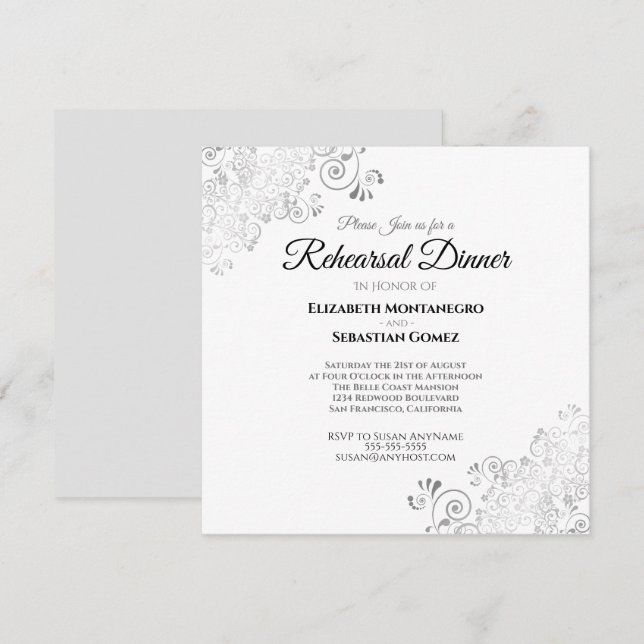 Rehearsal Dinner silver Filigree Square Bröllop Inbjudningar (Fram/baksida)