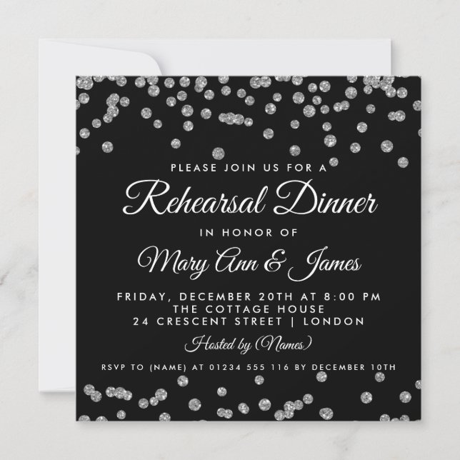 Rehearsal Dinner Silver Glitter Confetti Black Inbjudningar (Framsida)