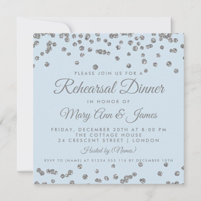 Rehearsal Dinner Silver Glitter Confetti Ice Blue Inbjudningar (Framsida)