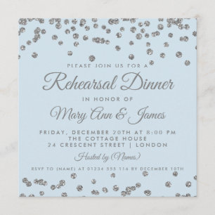 Rehearsal Dinner Silver Glitter Confetti Ice Blue Inbjudningar