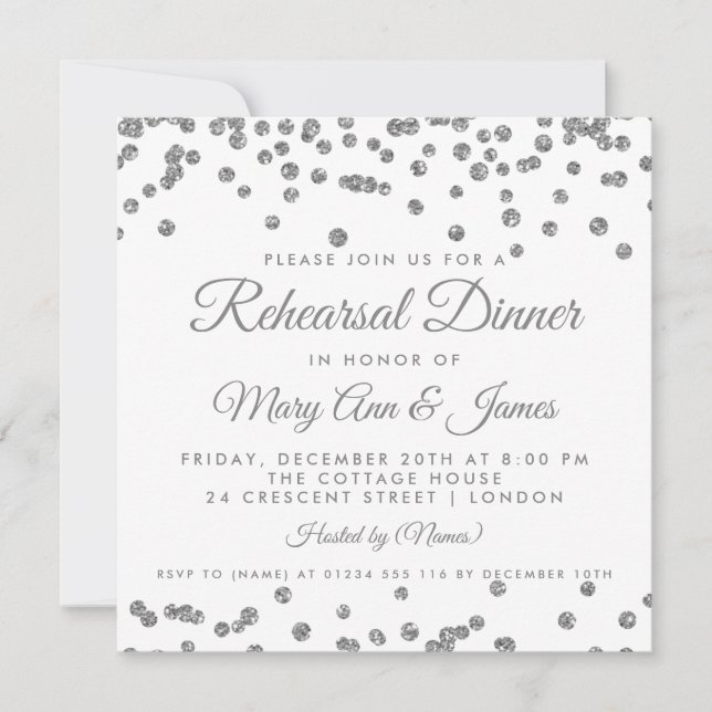Rehearsal Dinner Silver Glitter Confetti White Inbjudningar (Framsida)