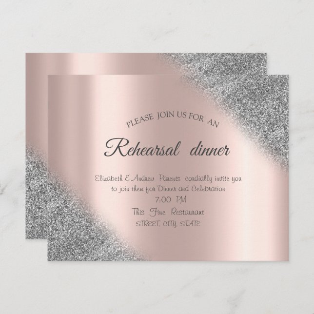 Rehearsal Dinner silver Glitter Ombre Ro Guld Inbjudningar (Fram/baksida)