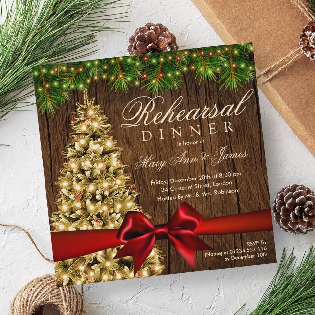 Rehearsal Dinner Träd och Ribbon Inbjudningar (Rustic Christmas Rehearsal Dinner Tree & Ribbon Invitation)