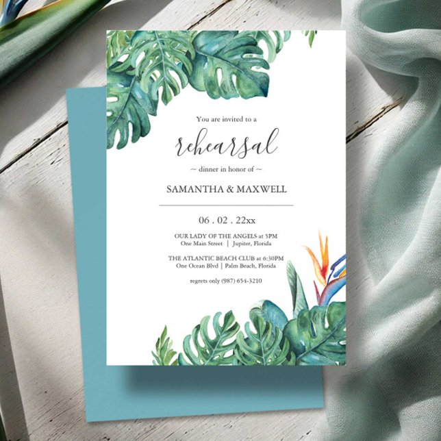 Rehearsal Dinner, Tropical Botanical Bröllop Inbjudningar (Tropical rehearsal dinner invitations watercolor palm leaf and flower art by Victoria Grigaliunas)